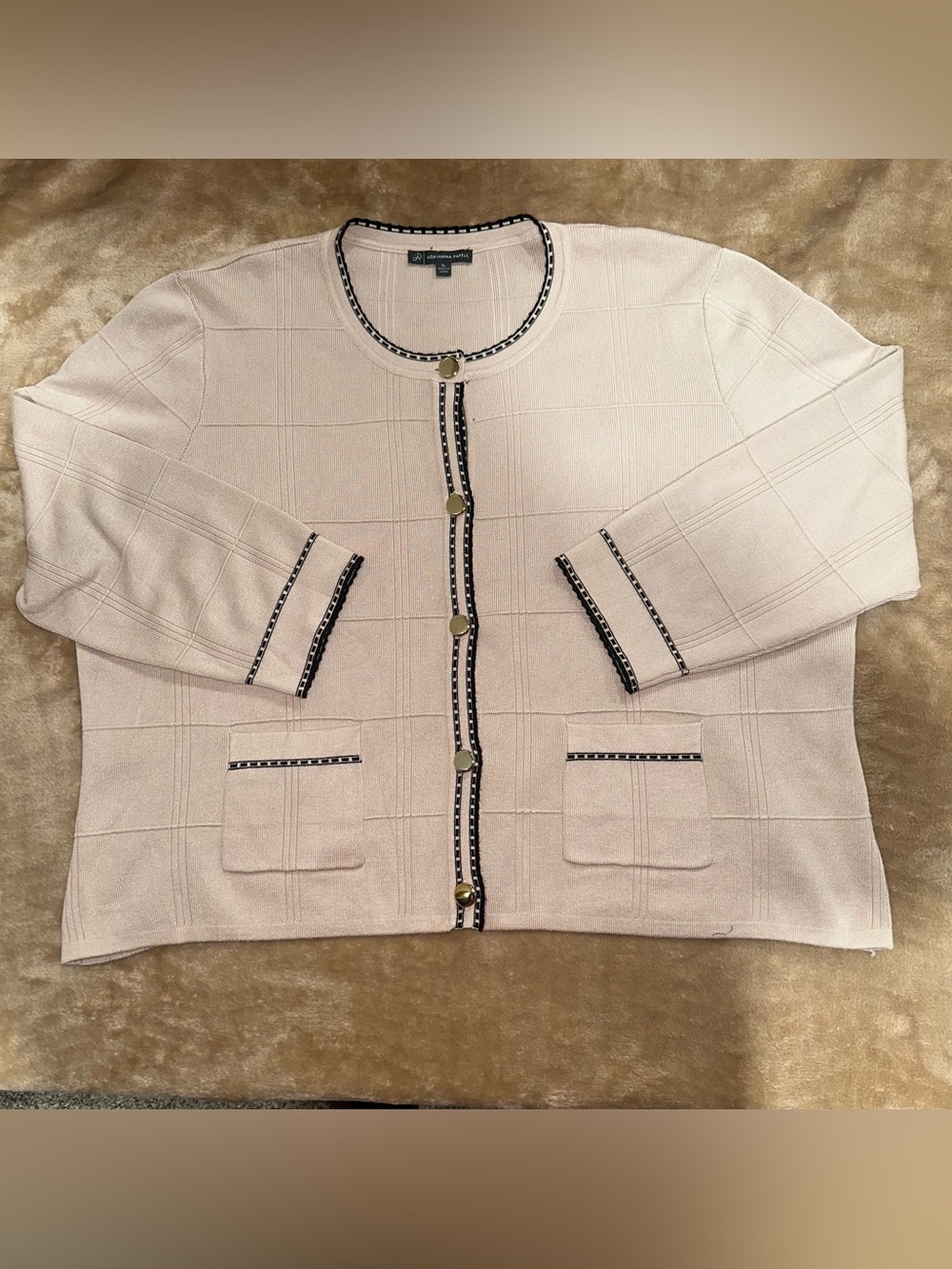 Adrianna Papell Cream Knit Button-Front Cardigan with Black Trim